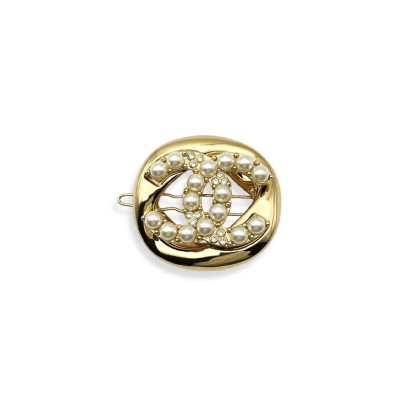 CHANEL HAIR CLIP, PLATED RHINESTONES FAUX PEARL GOLD ABD743 